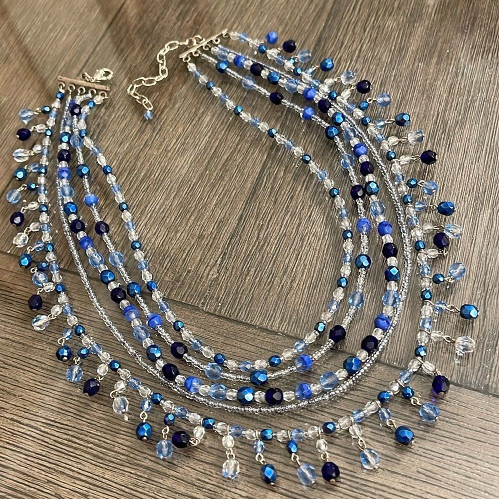 Vintage CZECH REPUBLIC 5 Strand Bib Statement Necklace Blue Cut Glass Beads